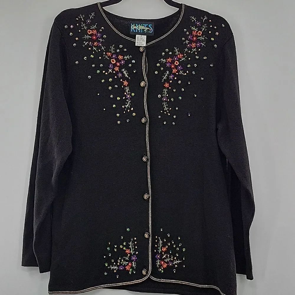 knits Black button down sweater w/ multi color design size S